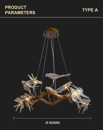 DecorBites luxury vintage glass bird chandelier with transparent bird and dragonfly figures on rustic branch lighting