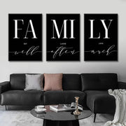 Decorbites luxury wall art set with black frames and white lettering family across three panels for living room decor