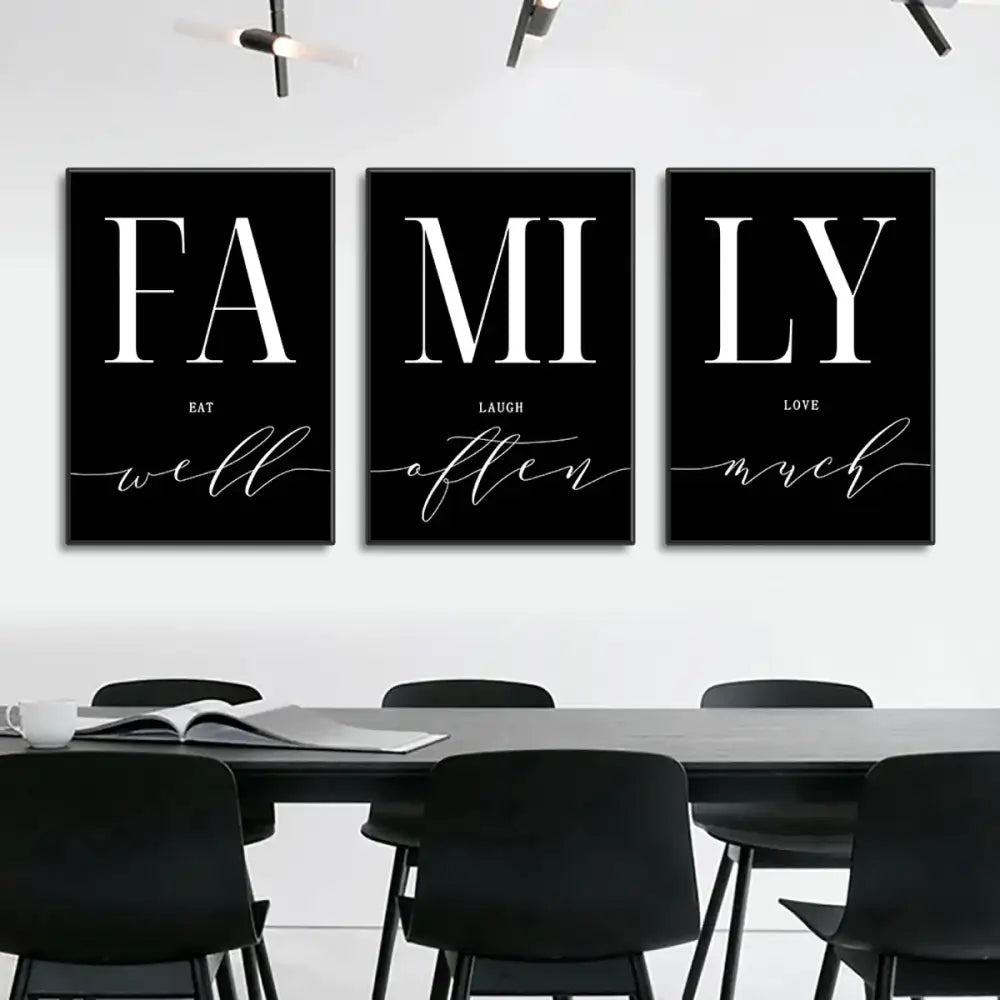 Decorbites luxury wall art set with black frames and white typography for living room featuring family phrases