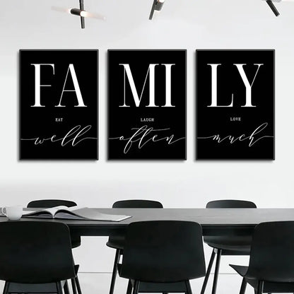 Decorbites luxury wall art set with black frames and white typography for living room featuring family phrases