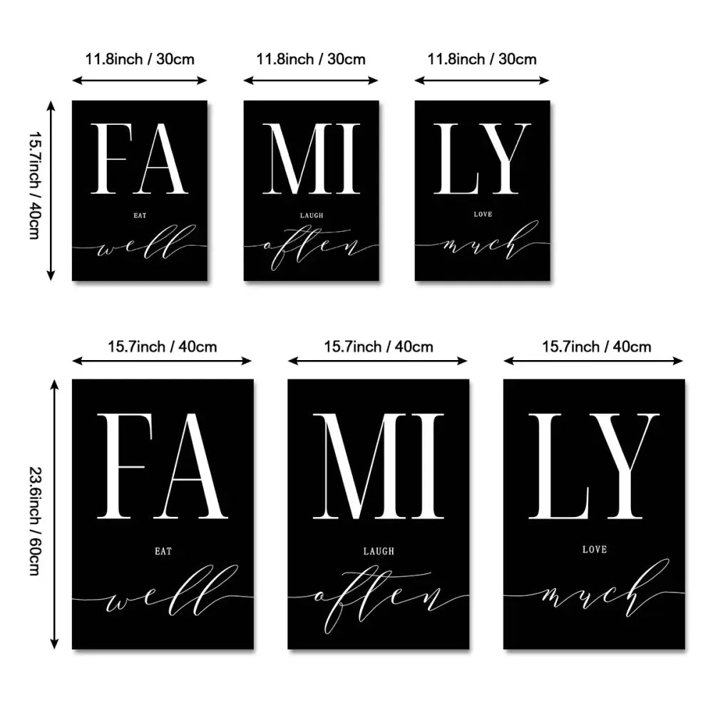 Set of six black and white minimalist luxury wall art prints by decorbites for living room featuring family and phrases