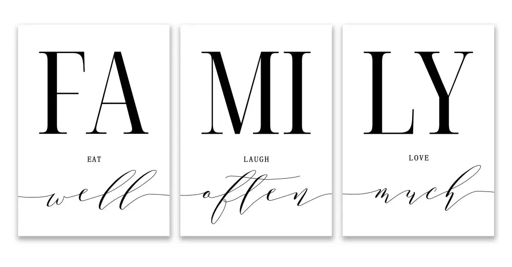Set of three black and white minimalist luxury wall art prints spelling family for living room decor by decorbites