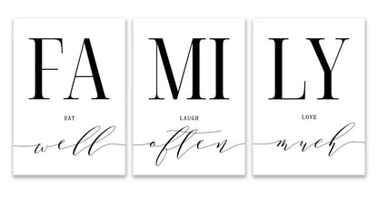 Set of three black and white minimalist luxury wall art prints spelling family for living room decor by decorbites