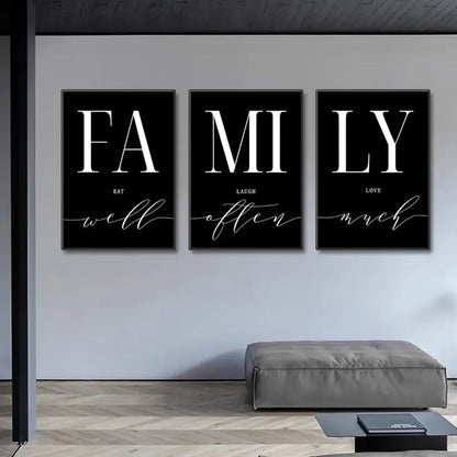 DecorBites luxury wall art set features three black-framed canvas panels with family typography for living room