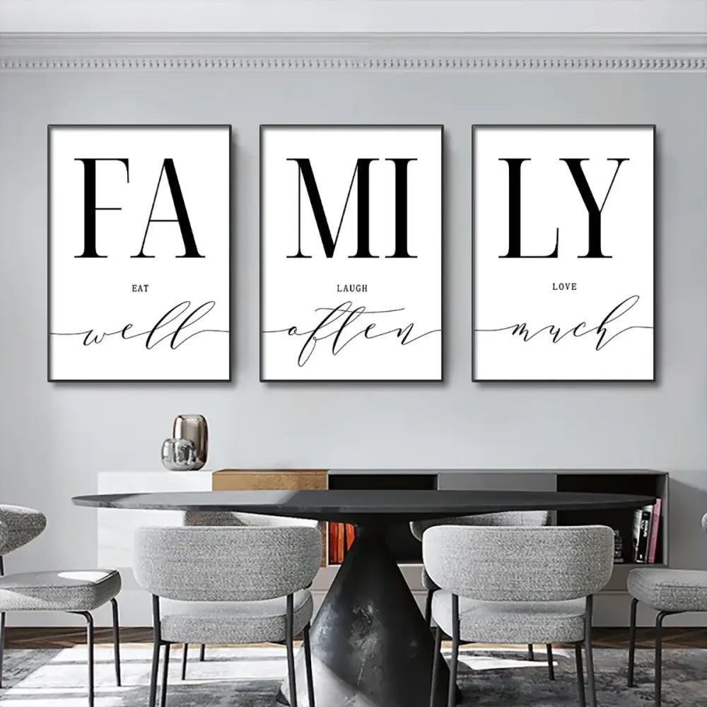 Three framed black and white decorbites luxury wall art pieces with family phrases for living room wall art decor