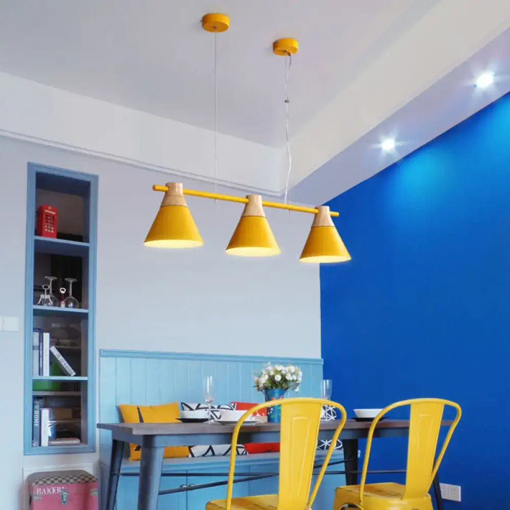 Yellow conical pendant light fixture with wooden accents decorbites™ macaron metal restaurant light 220v-240v 110v-120v