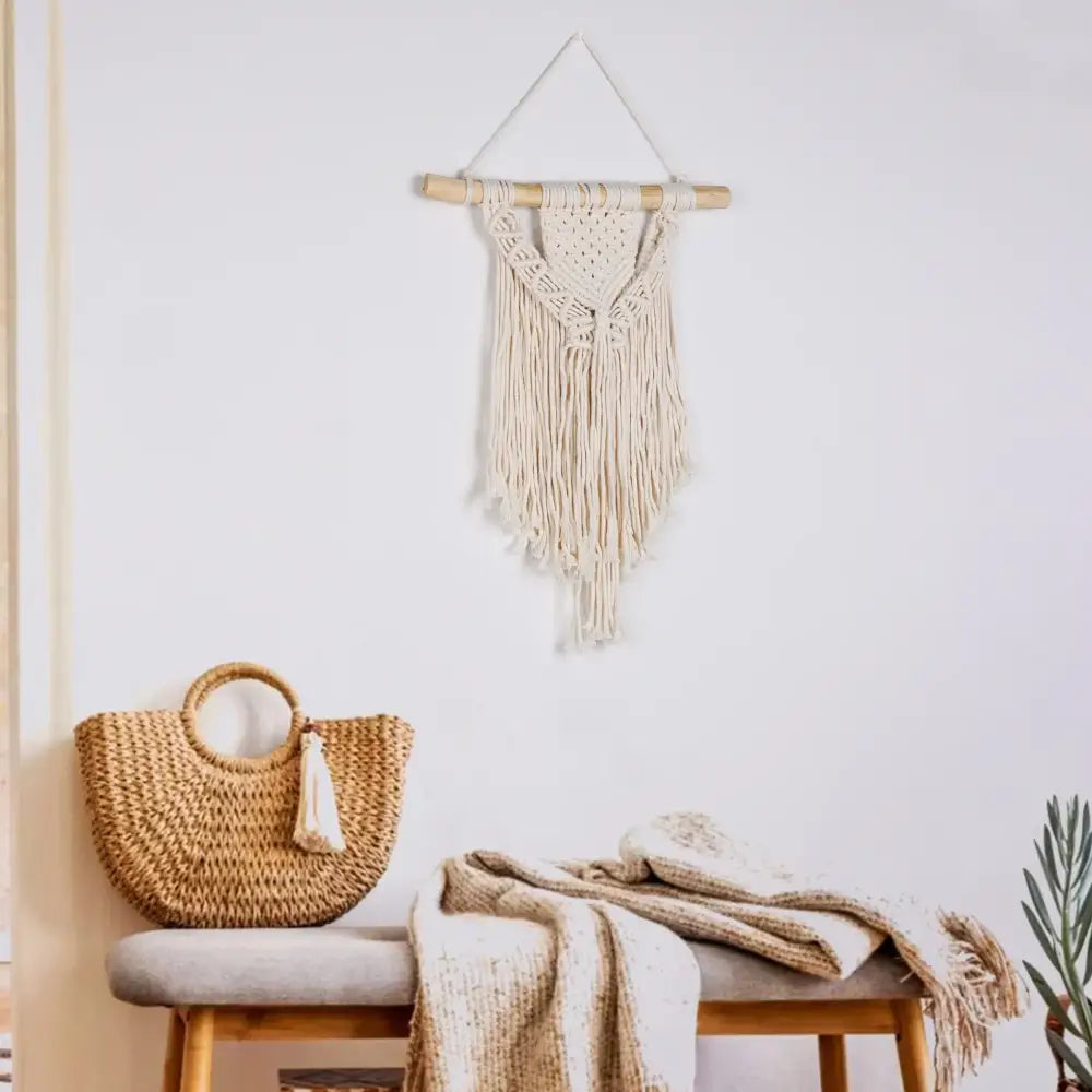 Beige macrame wall hanging with wooden dowel and fringe decorbites chic bohemian geometric art decor tapestry