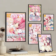 Five framed madoka magica anime wall art posters featuring pink-haired puella magi madoka in colorful detailed illustrations