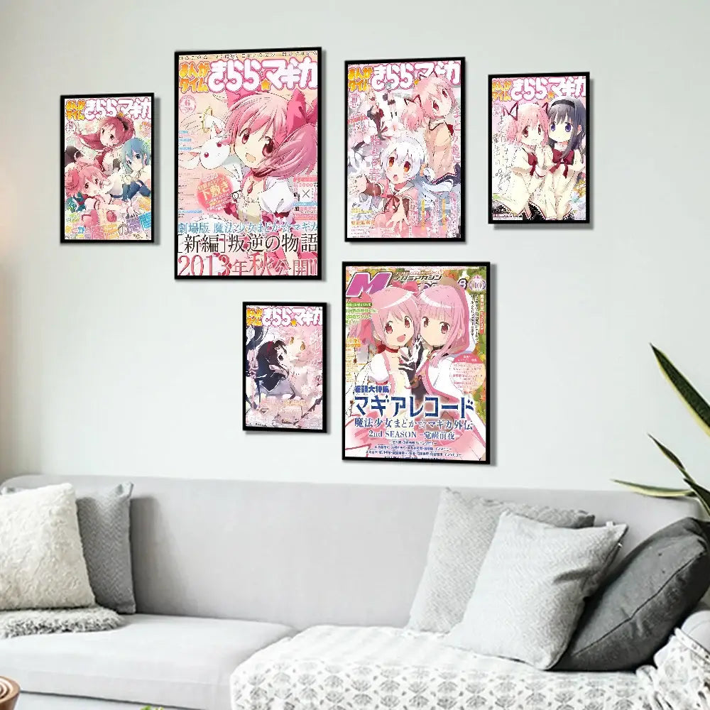 Decorbites™ madoka magica wall art featuring five framed pink-haired puella magi madoka anime posters in a modern living room