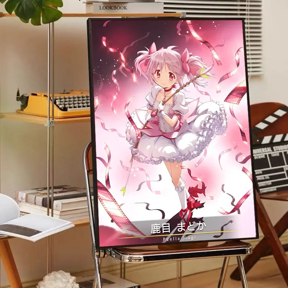 A framed DecorBites™ madoka magica anime wall art featuring puella magi madoka in a pink and white dress