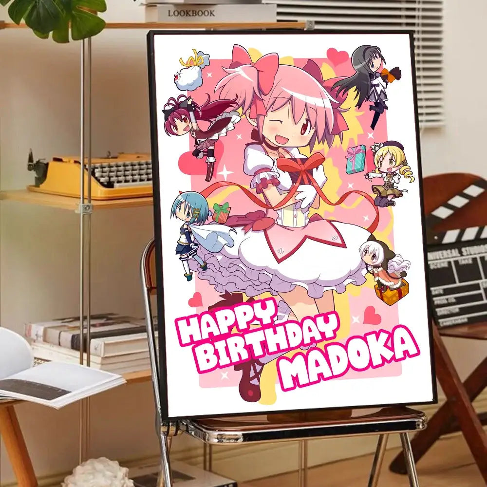 A framed madoka magica wall art poster featuring a cheerful pink-haired puella magi madoka character in vibrant colors