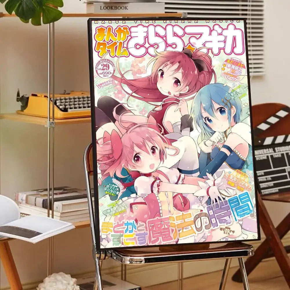 Vibrant madoka magica wall art poster featuring three colorful puella magi madoka characters on a metal easel