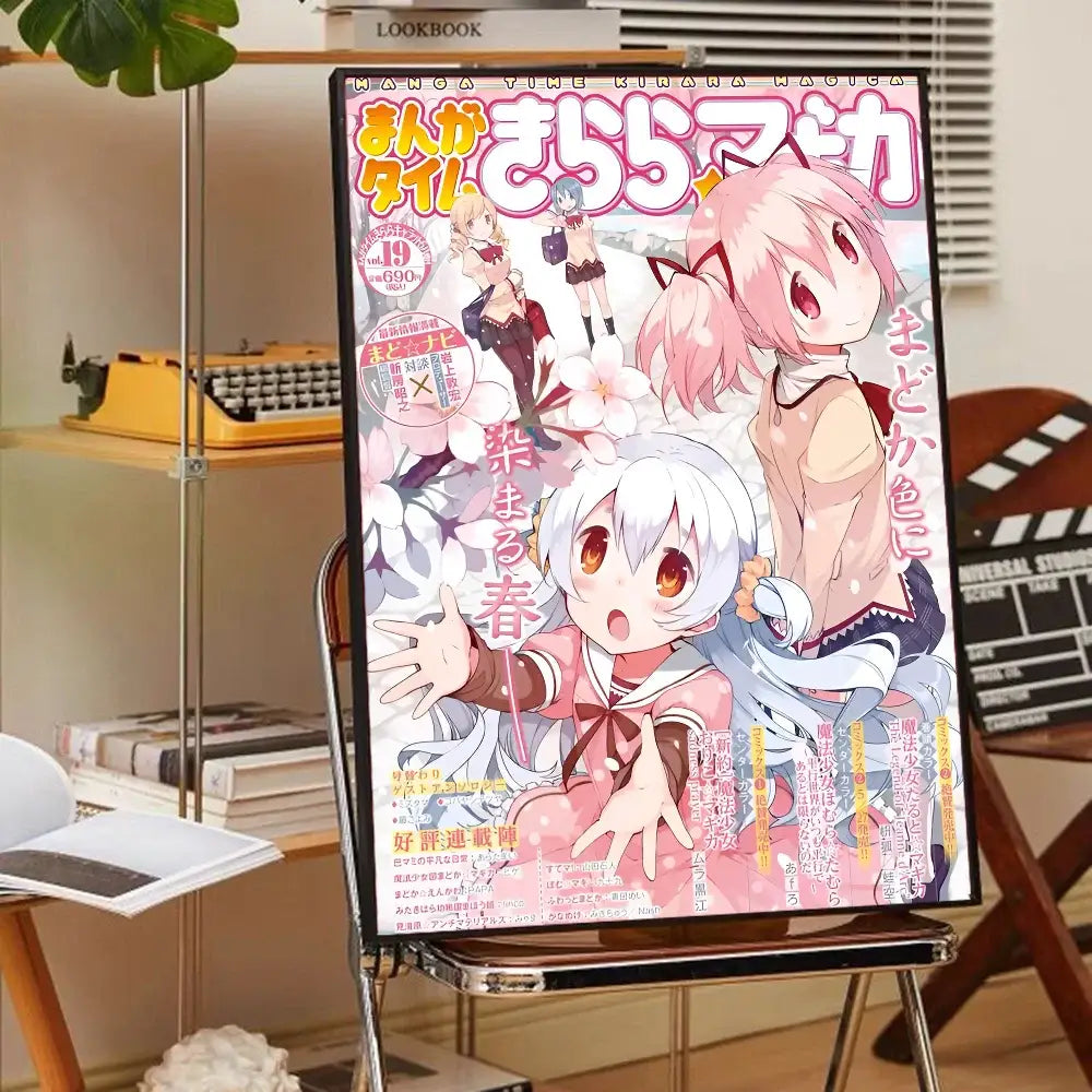 A vibrant pink and white madoka magica wall art anime poster featuring puella magi madoka characters on a black easel