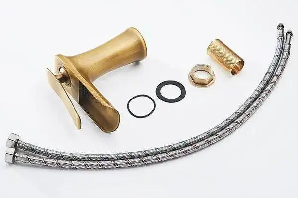 DecorBites™ Mai gold bathroom faucet with single handle brass finish and two flexible braided metal hoses with fittings