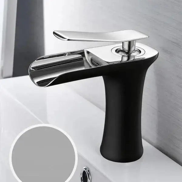 Modern black and chrome single handle gold bathroom faucet with sleek waterfall spout by DecorBites™ Mai