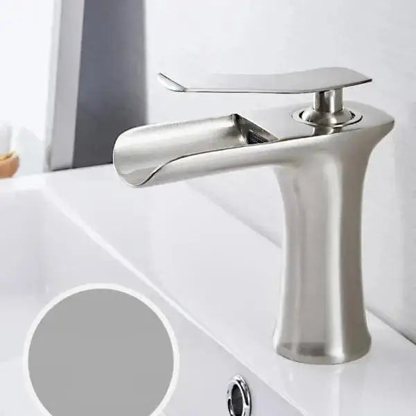 DecorBites™ Mai single handle gold bathroom faucet with stainless steel waterfall spout and brushed finish