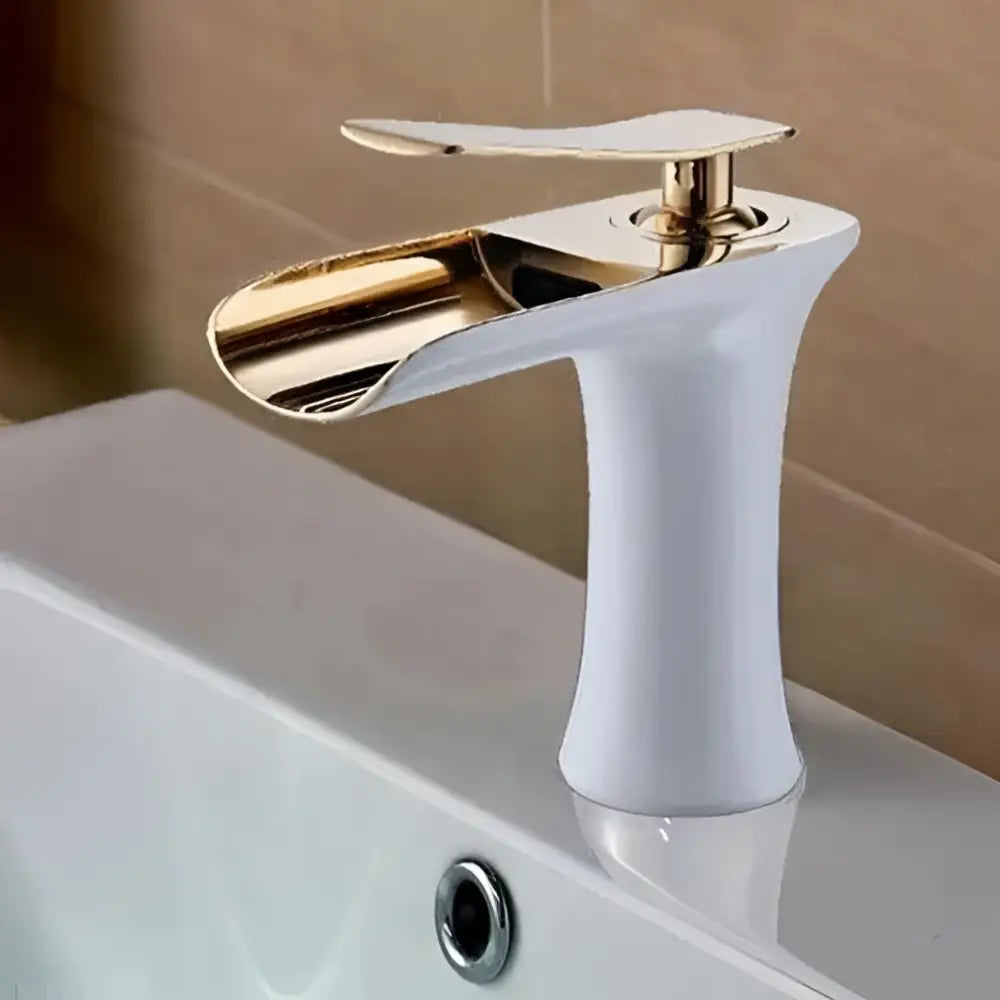 Decorbites™ mai single handle gold bathroom faucet with sleek white waterfall spout for modern bathroom use