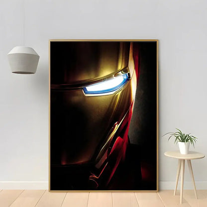 Decorbites™ marvel iron man home decor poster canvas featuring golden iron man helmet with blue eye lights in wooden frame