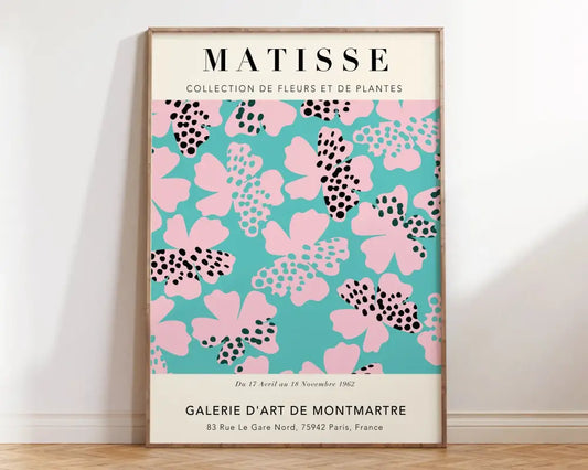 A framed matisse floral art print with turquoise background and pink polka dot flowers from decorbites collection