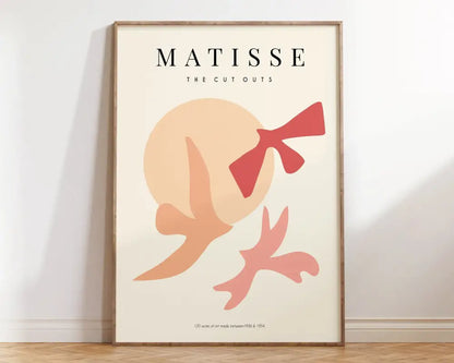 Beige-framed decorbites™ matisse floral art print featuring bold red and peach abstract flowers cutouts
