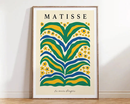 A framed DecorBites™ Matisse floral art print featuring bold green yellow and blue abstract patterns from market matisse collection