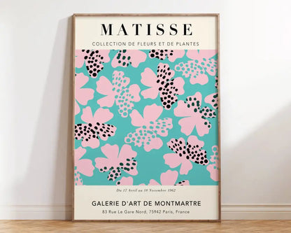 Framed decorbites™ matisse floral art print with turquoise background and pink flowers from market matisse collection