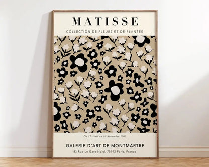 A framed decorbites™ matisse floral art print featuring a black and white minimalist flower market matisse pattern on beige