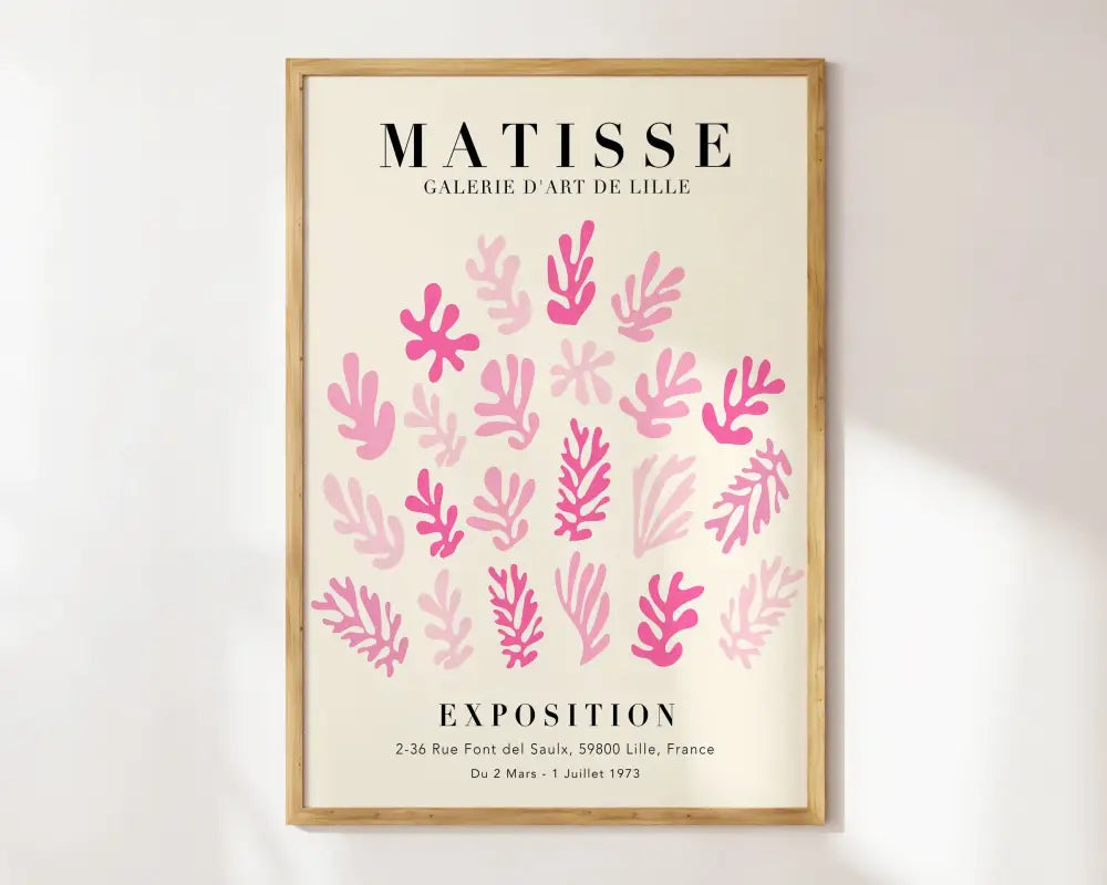 A framed decorbites™ matisse floral art print with pink abstract flowers on cream and black text on paper poster