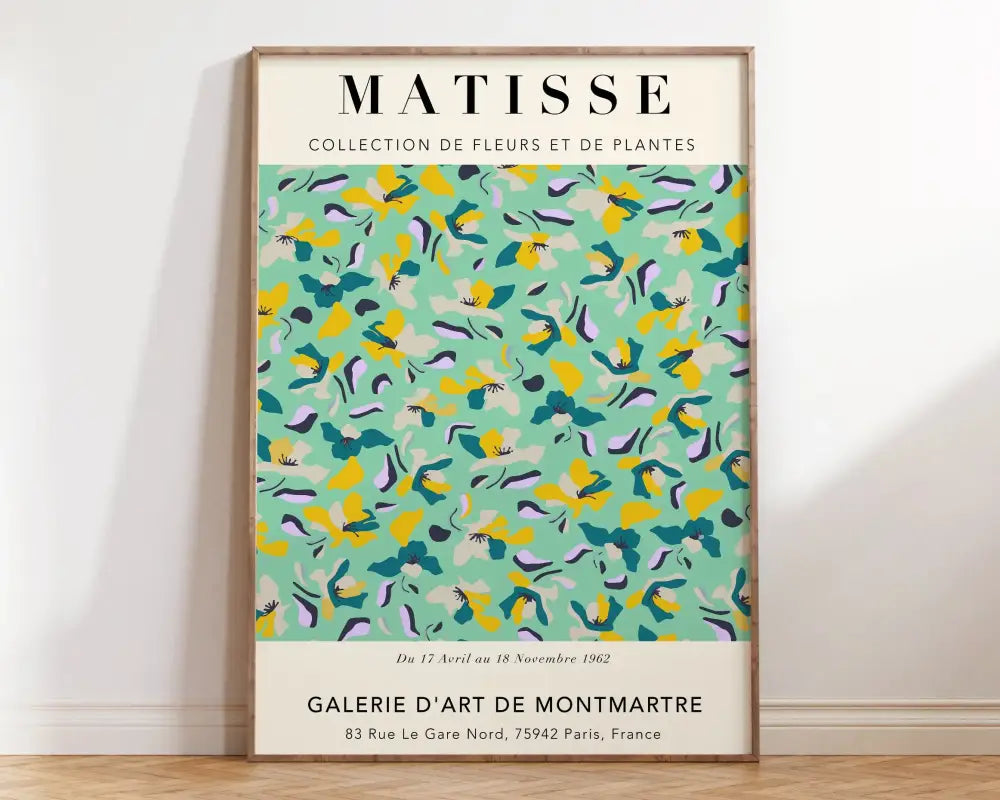 A framed DecorBites Matisse floral art print featuring a vibrant stylized floral pattern in mint green yellow and purple