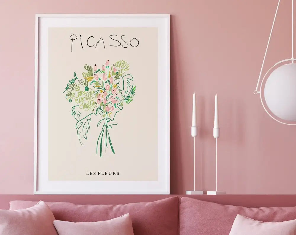 A framed decorbites™ matisse floral art print with a stylized bouquet in soft pink green and yellow hues on off-white background