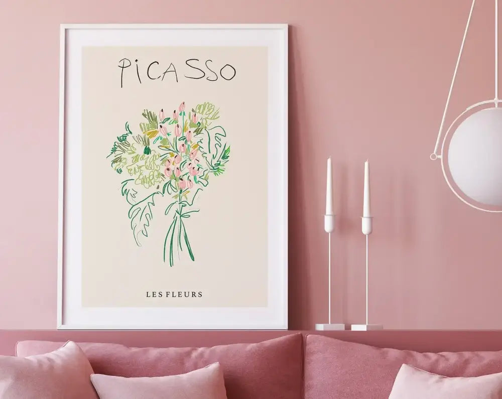 A framed decorbites™ matisse floral art print featuring a stylized pink green and yellow bouquet on off-white background