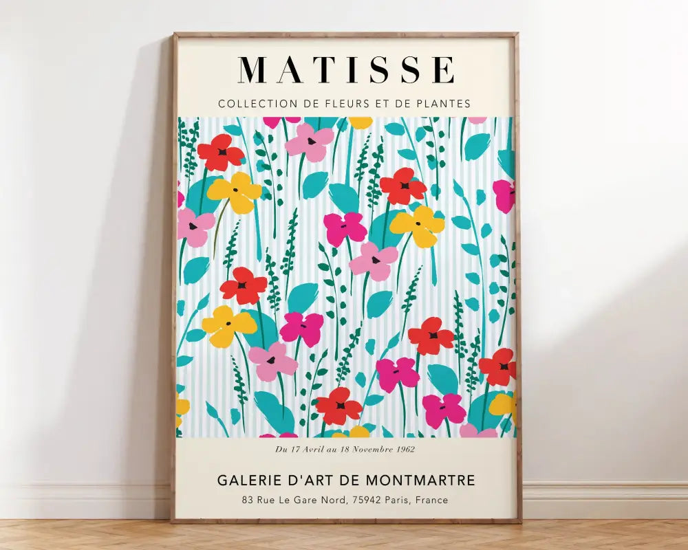 A framed DecorBites™ Matisse floral art print featuring vibrant red, pink, yellow, and teal flowers on stripes