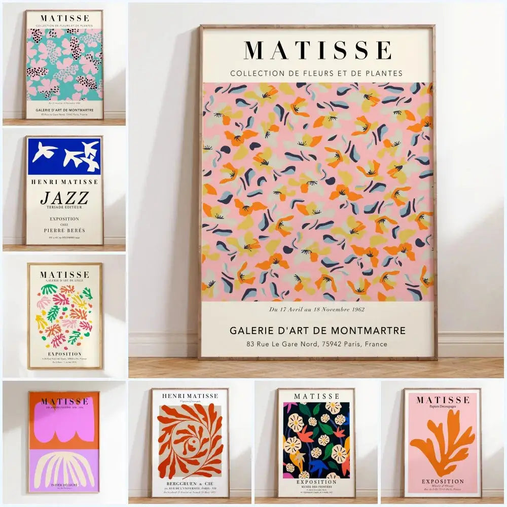 A framed poster with vibrant pink background and orange yellow navy matisse floral art in decorbites floral art prints exhibition