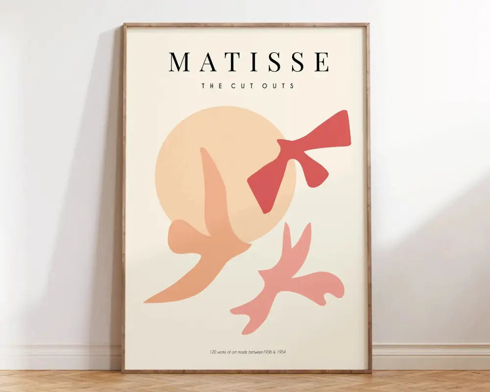 A minimalist framed poster with bold peach and coral abstract silhouettes on cream background for matisse floral art prints
