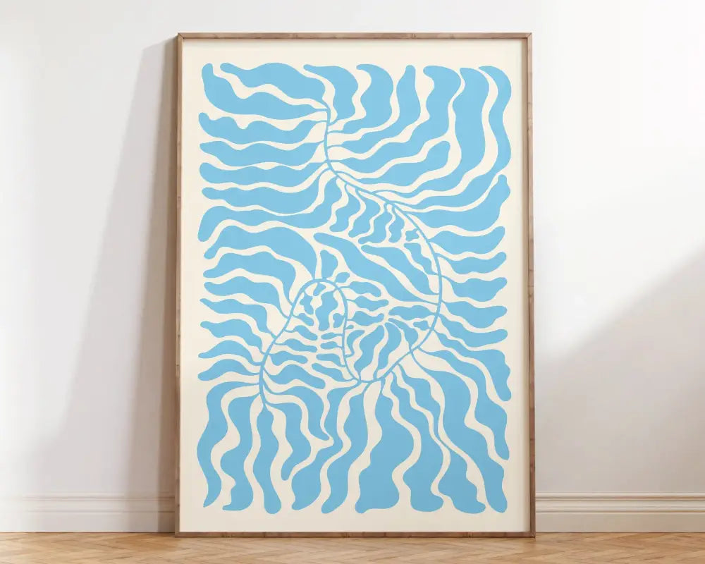 A framed decorbites™ matisse floral art print with flowing wavy blue patterns on a cream background