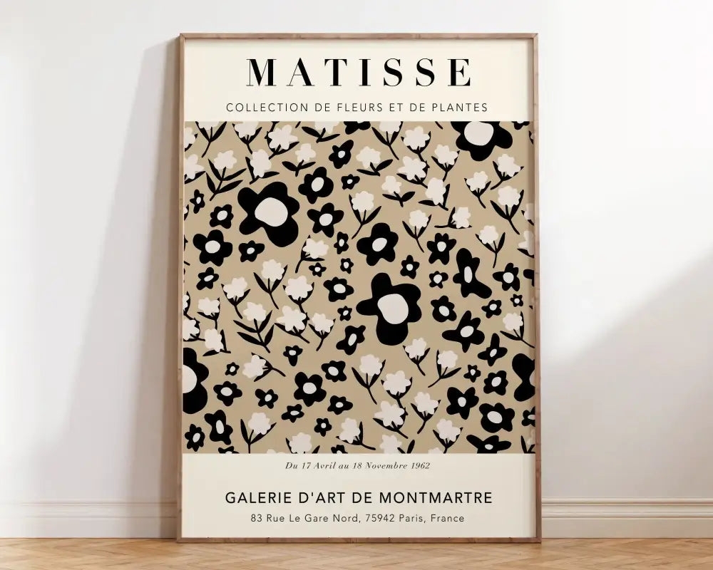 A framed beige decorbites matisse floral art print featuring minimalist black and white floral art prints