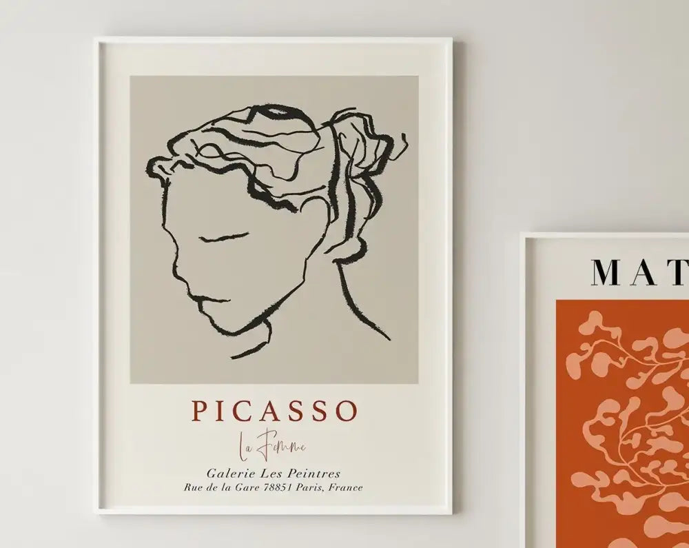 Minimalist black line drawing of a woman in white frame with picasso text perfect for matisse floral canvas prints decor