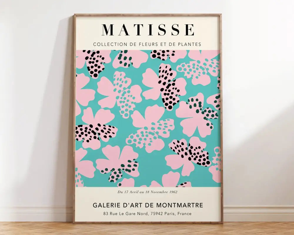 A framed decorbites™ matisse floral abstract flowers canvas with vibrant turquoise and pink for art exhibition decor