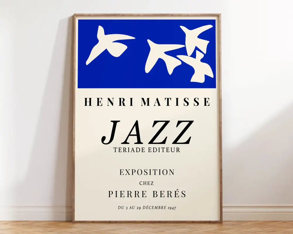 Decorbites™ matisse floral prints featuring blue cream framed poster with stylized white bird silhouettes and vibrant colors