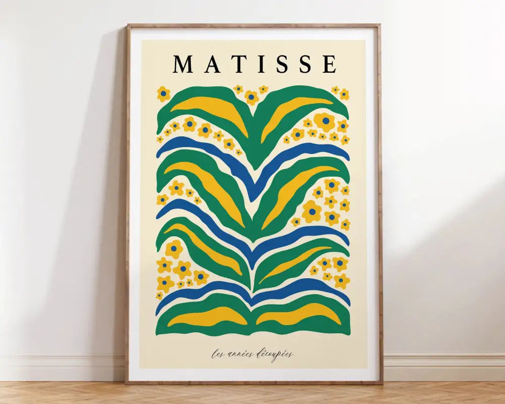 A framed decorbites™ matisse floral print featuring bold green yellow and blue abstract patterns with vibrant colors