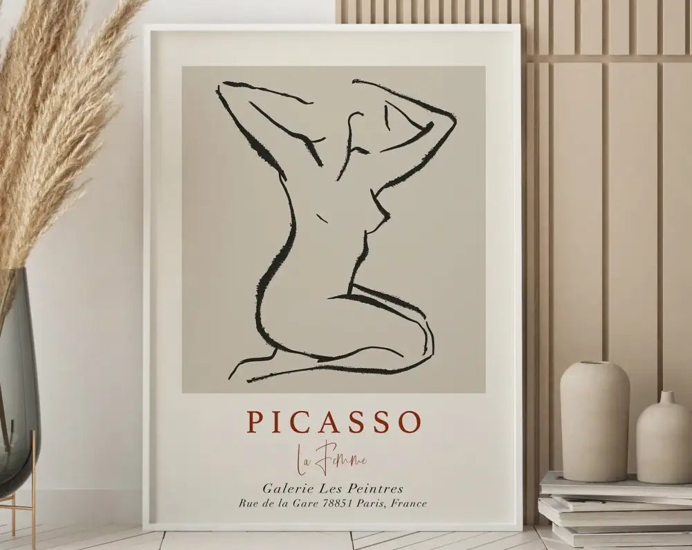 Minimalist framed art print with black line nude figure on beige background from decorbites matisse floral prints collection