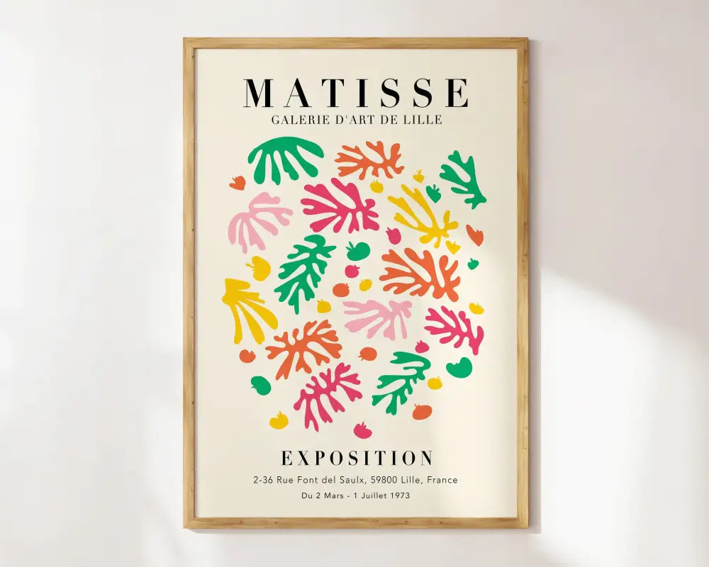 A framed poster from decorbites™ matisse floral prints collection featuring vibrant coral-like shapes in pink green orange and yellow