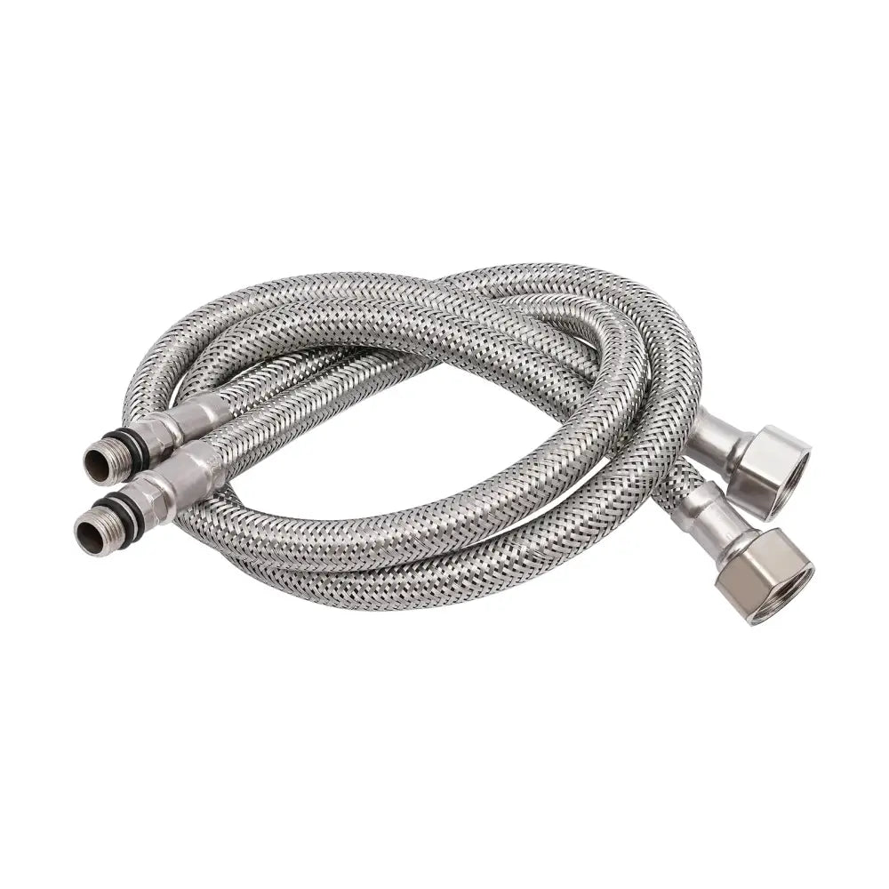 Silver braided metal hose with threaded connectors for matte black bathroom faucet with dual water modes installation