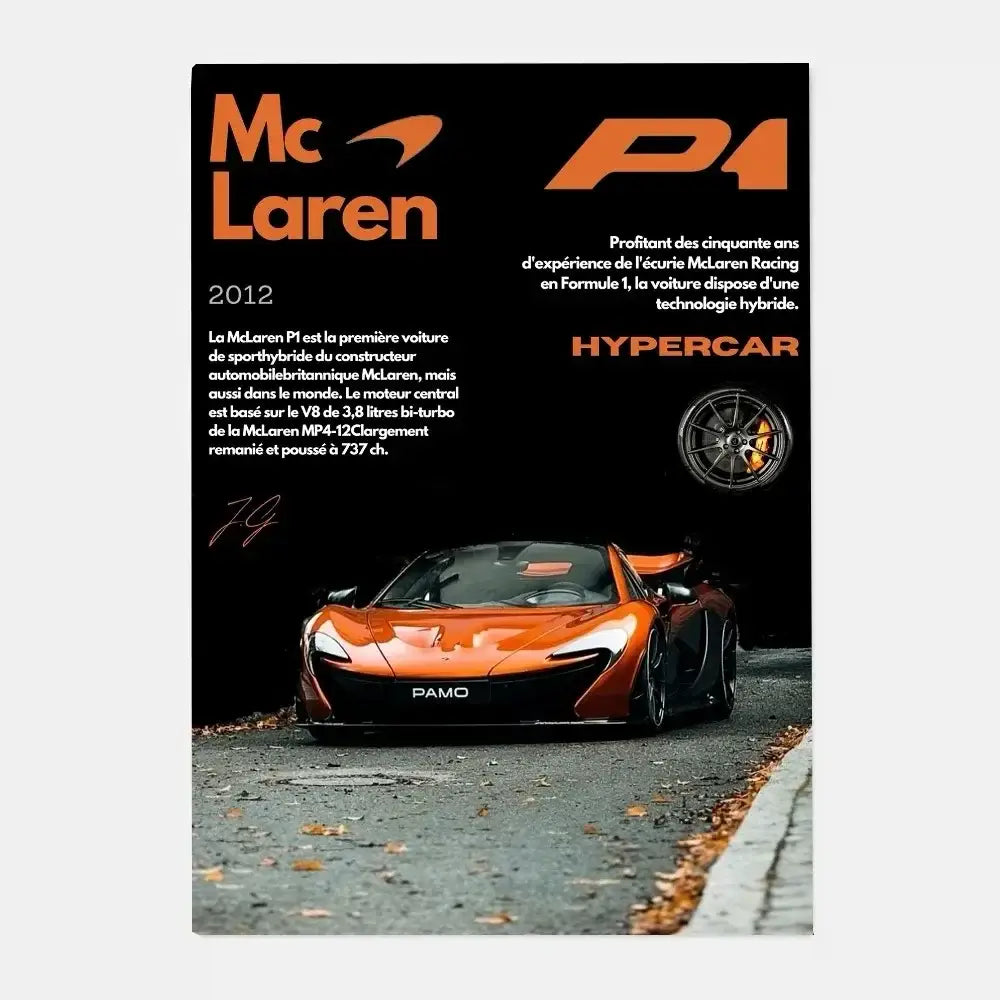 Orange mclaren p1 gtr hypercar with sleek black accents in a DecorBites™ gtr luxury poster for living room decor