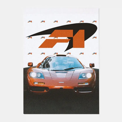Orange mclaren p1 gtr luxury poster featuring iconic formula 1 logo perfect for living room decor by DecorBites™