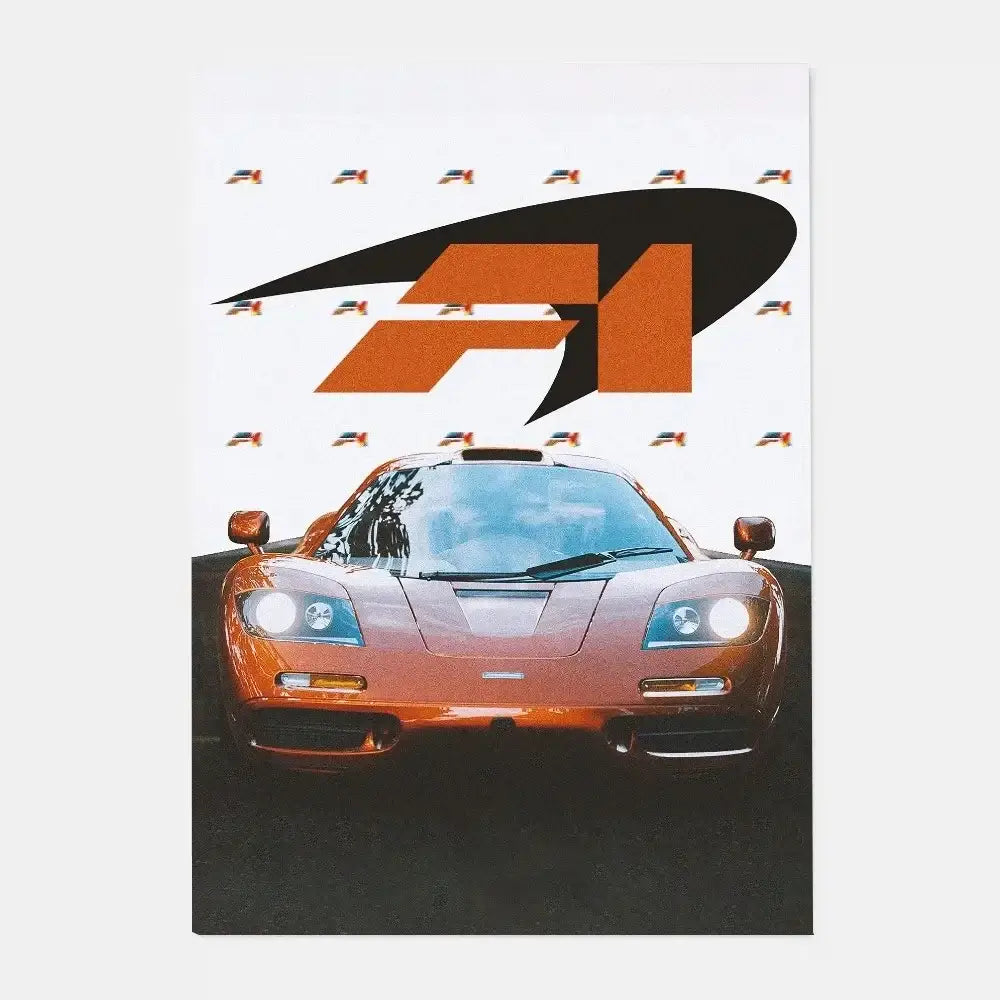Orange mclaren p1 gtr luxury poster featuring iconic formula 1 logo perfect for stylish living room decor