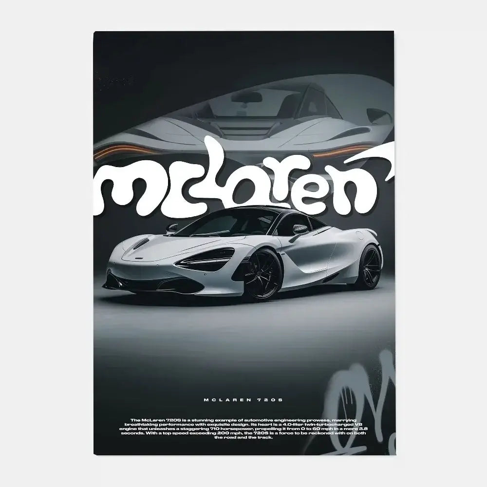 Silver mclaren 720s sports car gtr luxury poster with bold white lettering for stylish living room decor by decorbites