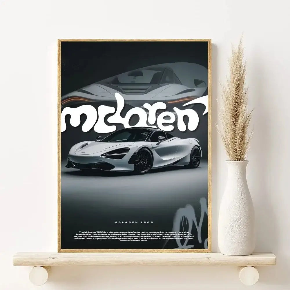 Silver mclaren 720s sports car gtr luxury poster in light wood frame for living room home decor by decorbites