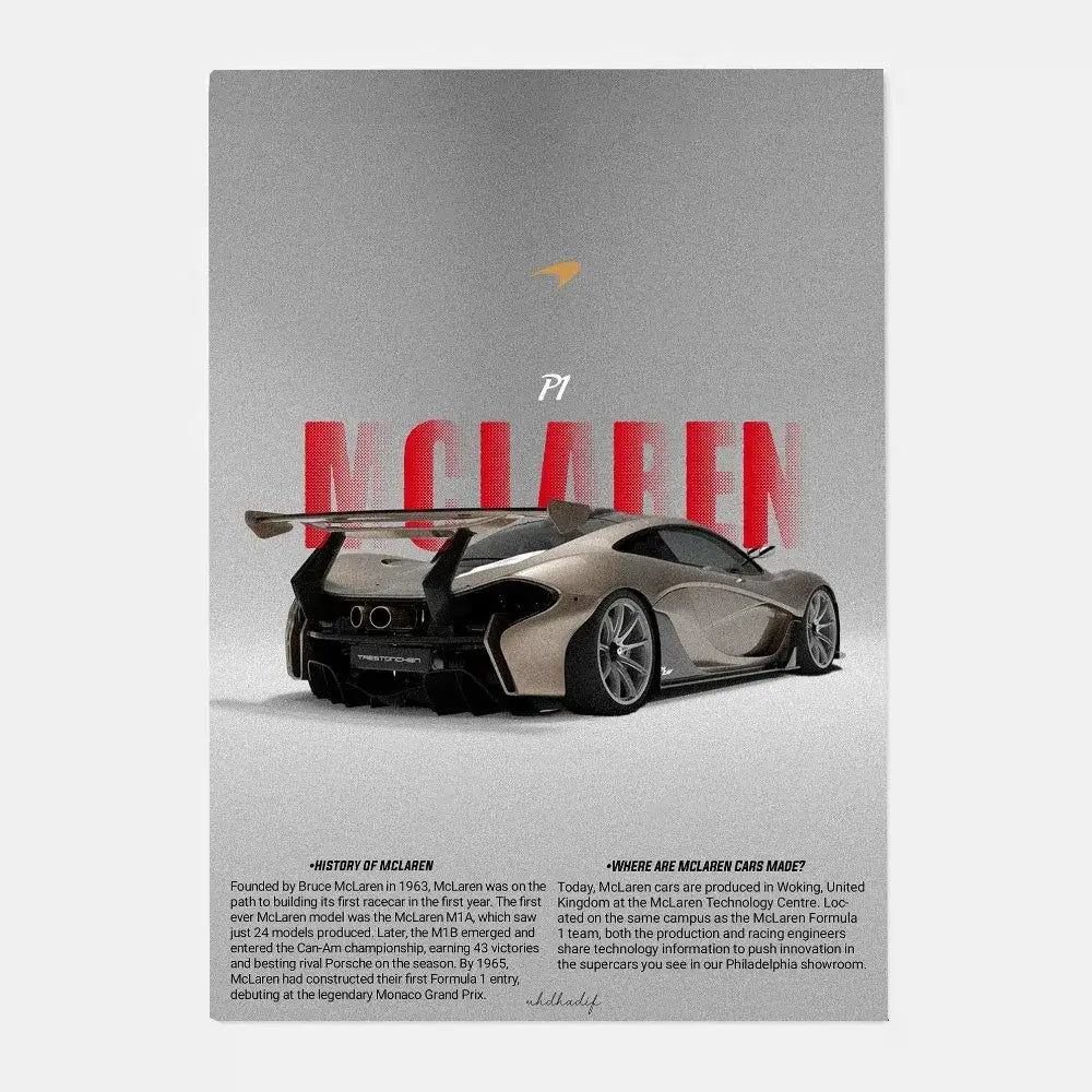 Silver mclaren p1 gtr sports car poster with bold red lettering and black accents for living room decor luxury poster