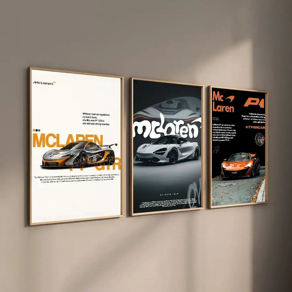 Three framed mclaren p1 gtr luxury posters in orange and silver for stylish living room decor by decorbites
